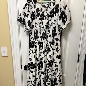 Black and white shirred bodice long dress